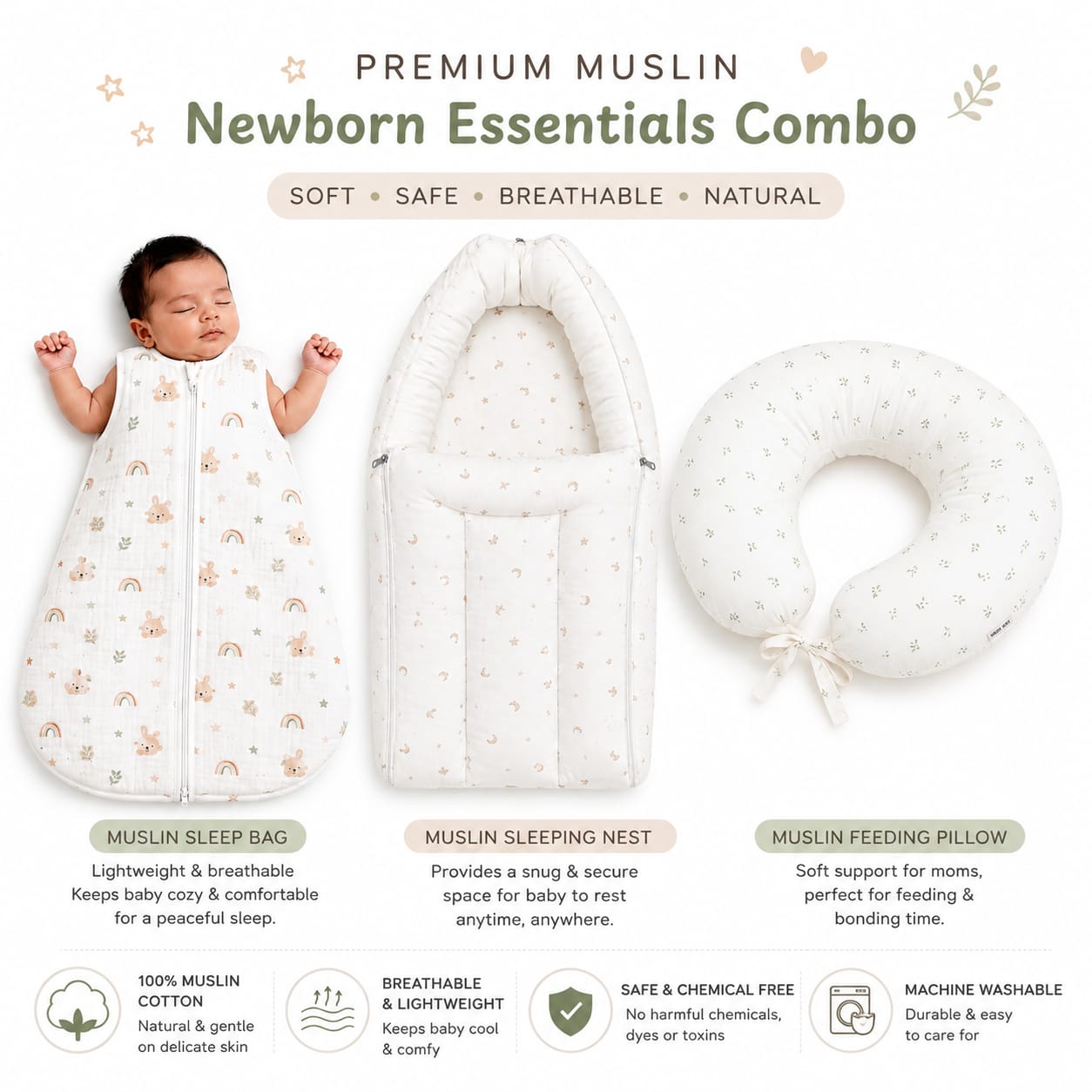 TRIDALAM Premium Muslin Baby Essentials Combo | Carry Nest, Feeding Pillow & Sleeping Bag | Soft, Breathable | Assorted Prints