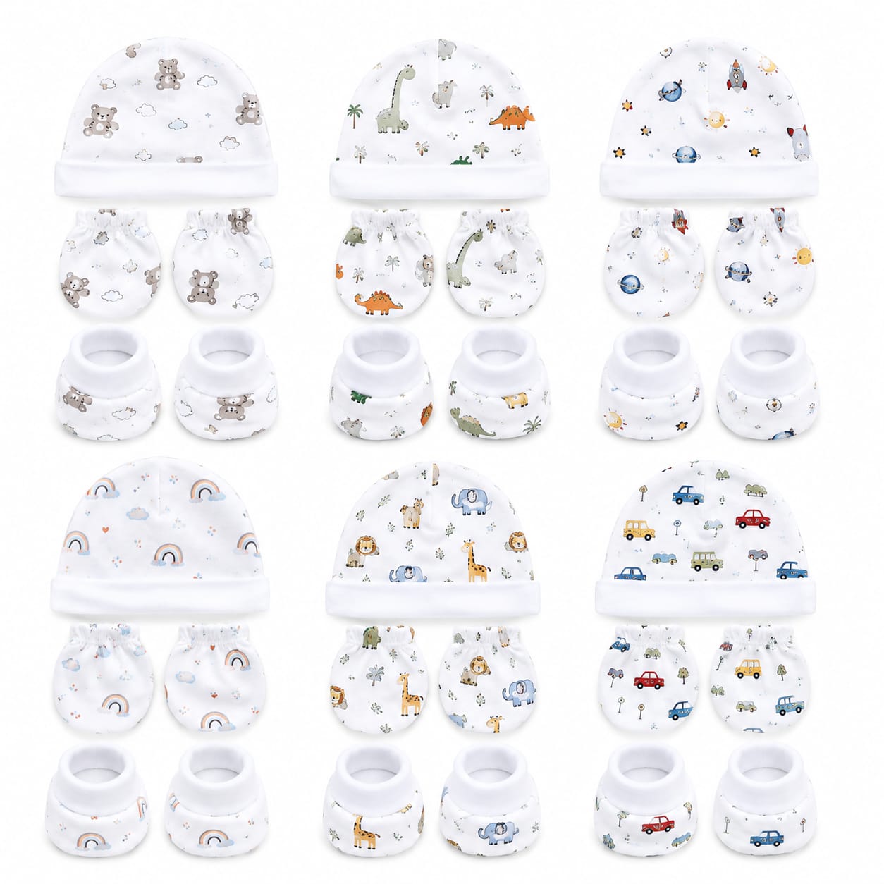 TRIDALAM Premium Muslin Baby Cap, Booties & Mittens Set Pack of 6 | Soft & Breathable | Assorted Prints