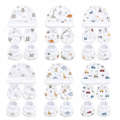 TRIDALAM Premium Muslin Baby Cap, Booties & Mittens Set Pack of 6 | Soft & Breathable | Assorted Prints
