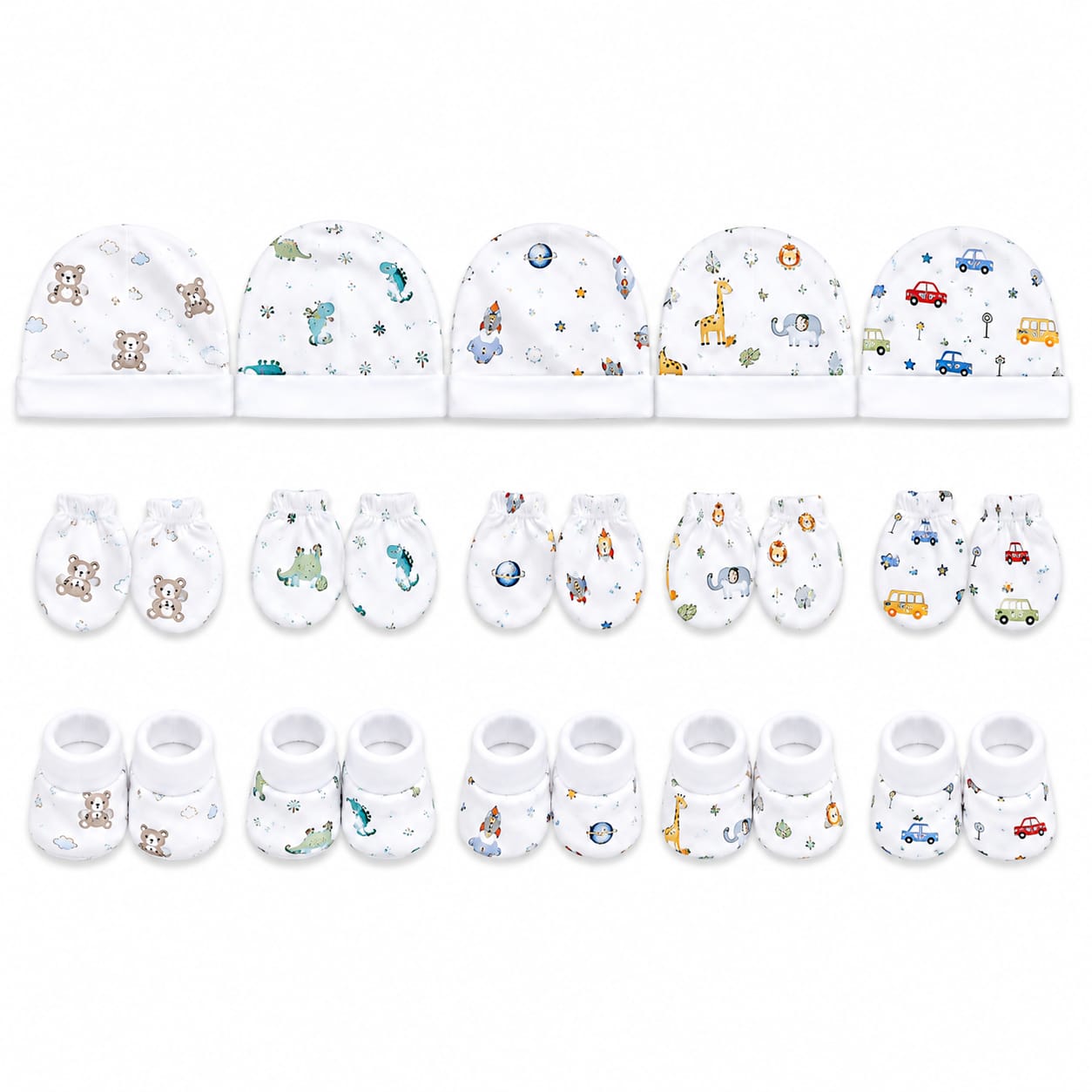 TRIDALAM Premium Muslin Baby Cap, Booties & Mittens Set Pack of 5 | Soft & Breathable | Assorted Prints