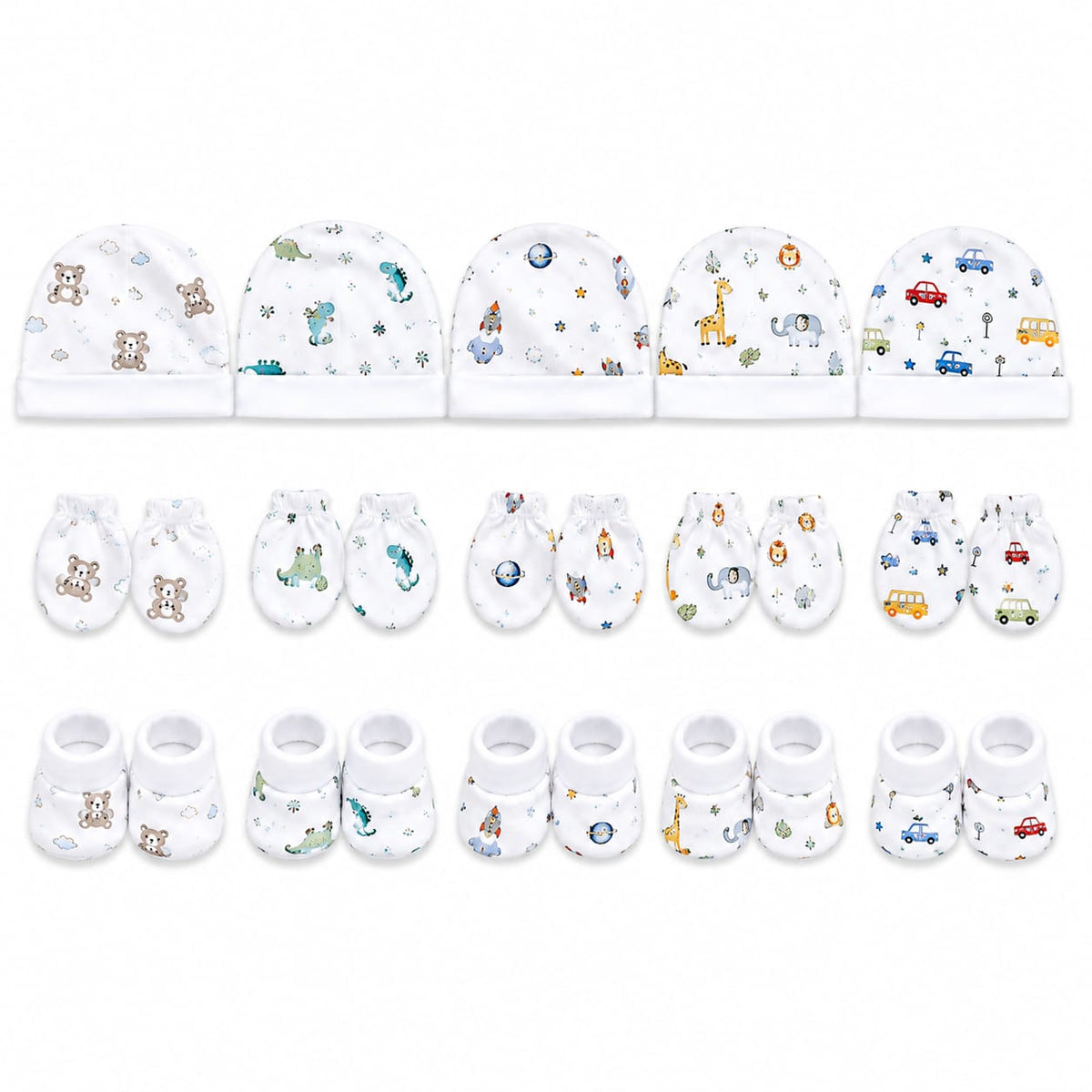 TRIDALAM Premium Muslin Baby Cap, Booties & Mittens Set Pack of 5 | Soft & Breathable | Assorted Prints