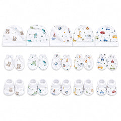TRIDALAM Premium Muslin Baby Cap, Booties & Mittens Set Pack of 5 | Soft & Breathable | Assorted Prints