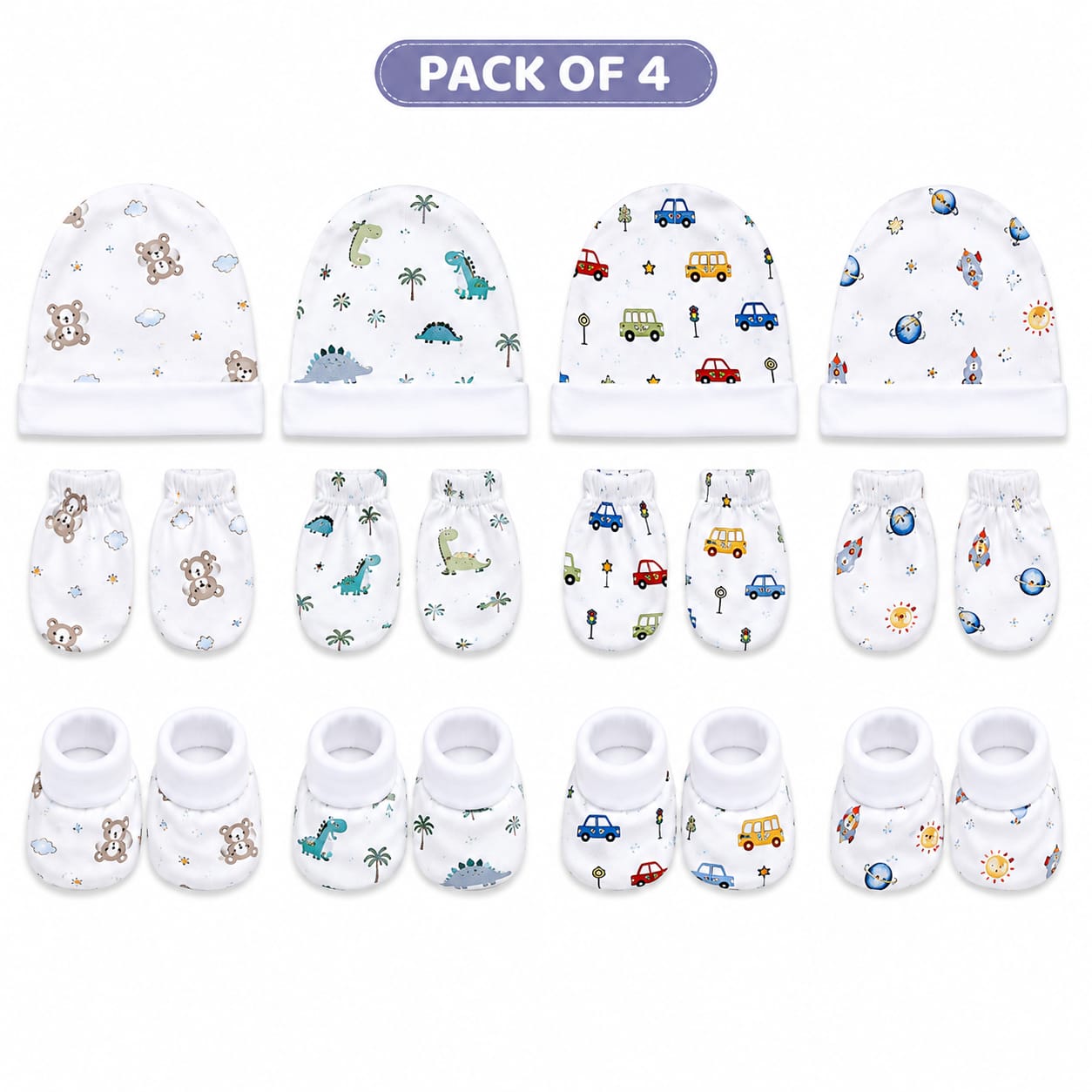 TRIDALAM Premium Muslin Baby Cap, Booties & Mittens Set Pack of 4 | Soft & Breathable | Assorted Prints