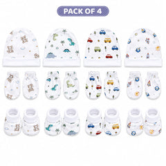 TRIDALAM Premium Muslin Baby Cap, Booties & Mittens Set Pack of 4 | Soft & Breathable | Assorted Prints