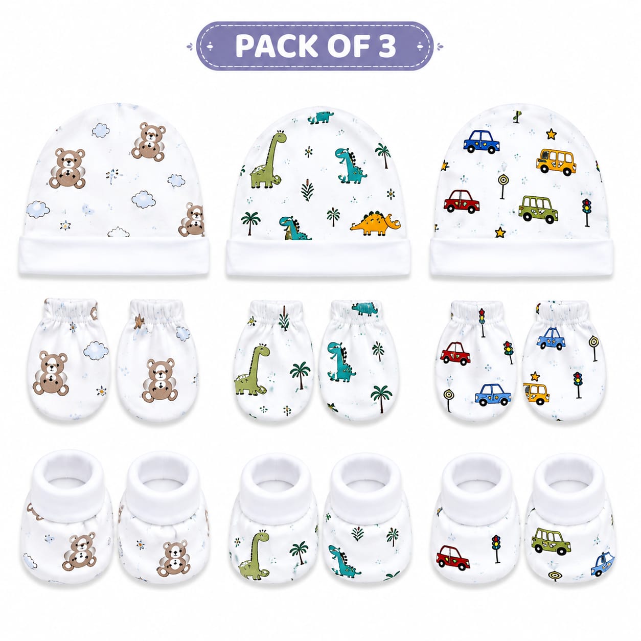 TRIDALAM Premium Muslin Baby Cap, Booties & Mittens Set Pack of 3 | Soft & Breathable | Assorted Prints