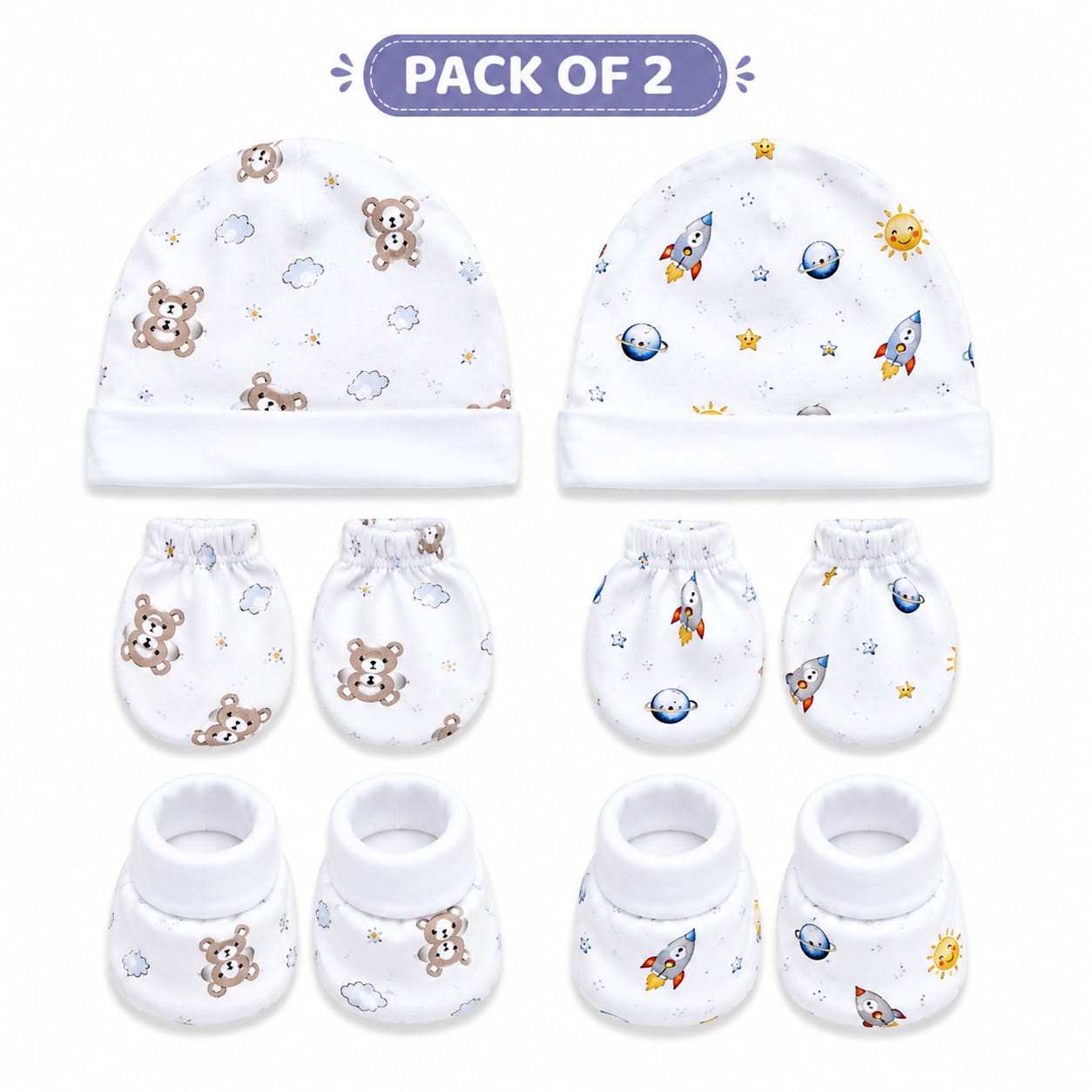 TRIDALAM Premium Muslin Baby Cap, Booties & Mittens Set Pack of 2 | Soft & Breathable | Assorted Prints