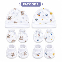 TRIDALAM Premium Muslin Baby Cap, Booties & Mittens Set Pack of 2 | Soft & Breathable | Assorted Prints