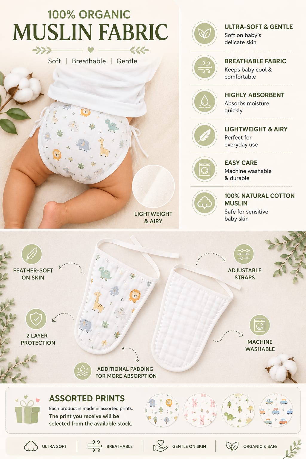TRIDALAM Premium Muslin Padded Baby Nappy Pack of 6 | Soft, Breathable & Reusable Cloth Diapers | Assorted Prints