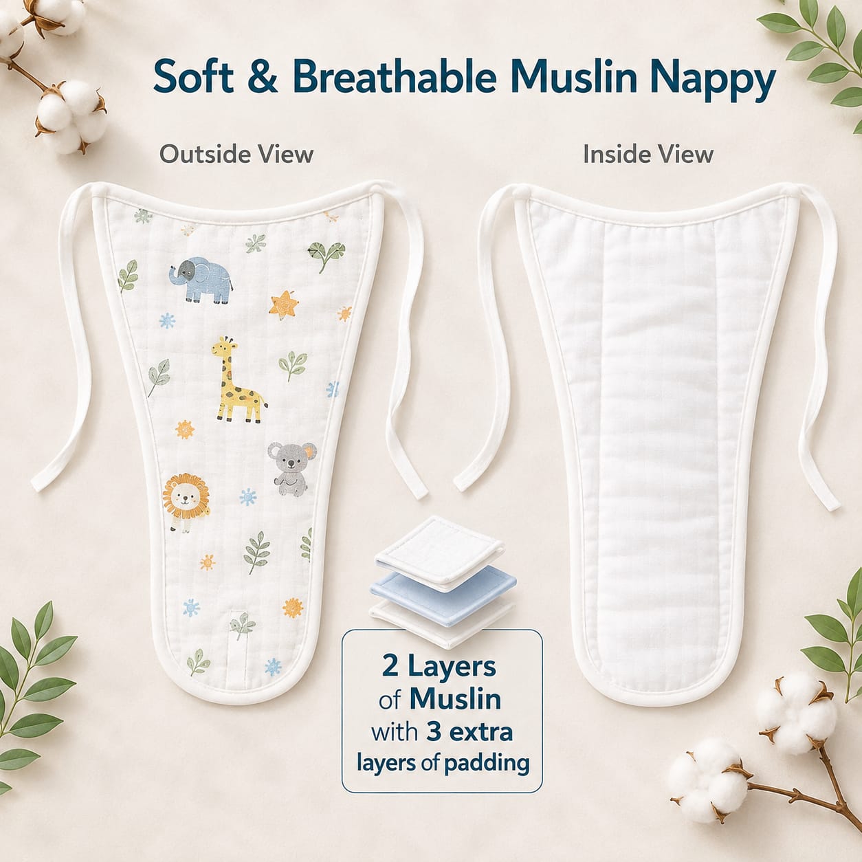 TRIDALAM Premium Muslin Padded Baby Nappy Pack of 6 | Soft, Breathable & Reusable Cloth Diapers | Assorted Prints