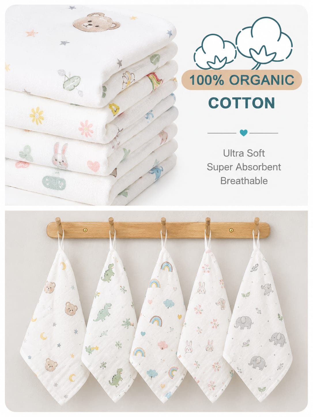 TRIDALAM Muslin Baby Wash Cloth for Newborn | Super Soft & Gentle Baby Face & Body Cloth | Lightweight & Breathable Muslin Fabric | Pack of 5 | Assorted Prints