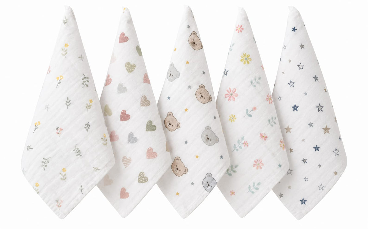 TRIDALAM Muslin Baby Wash Cloth for Newborn | Super Soft & Gentle Baby Face & Body Cloth | Lightweight & Breathable Muslin Fabric | Pack of 5 | Assorted Prints