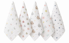 TRIDALAM Muslin Baby Wash Cloth for Newborn | Super Soft & Gentle Baby Face & Body Cloth | Lightweight & Breathable Muslin Fabric | Pack of 5 | Assorted Prints