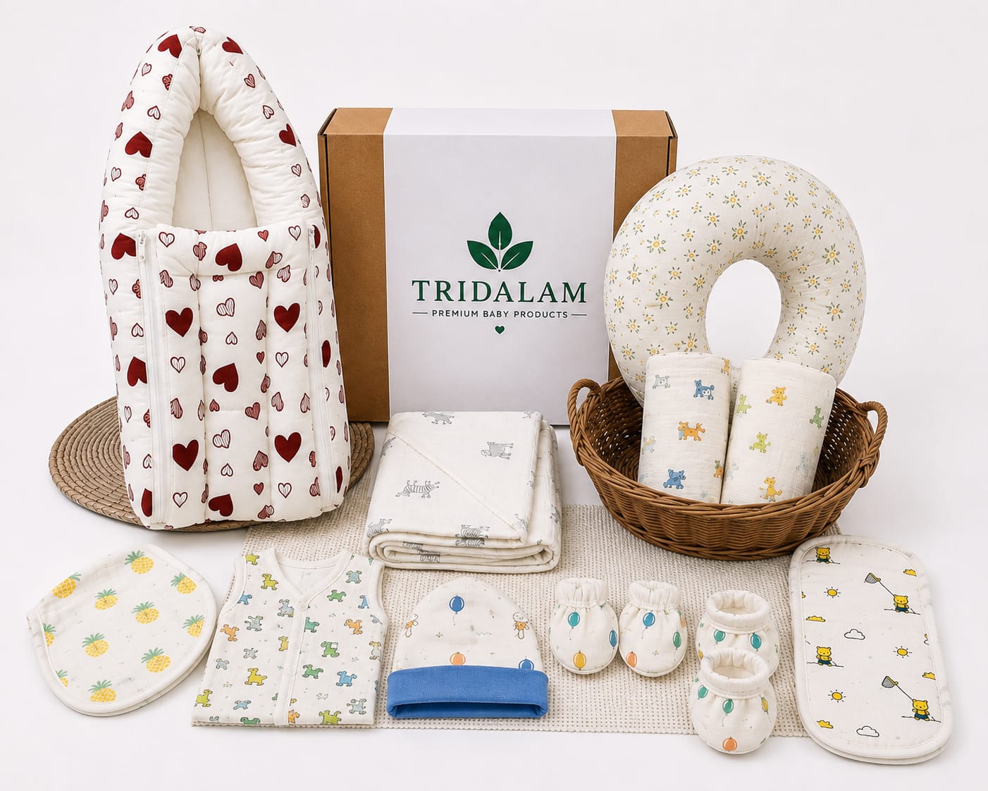 TRIDALAM Muslin Newborn Baby Hospital Combo Set | Carry Bag, Feeding Pillow, Swaddle, Towel, Blanket, Cap, Mittens, Booties, Burp Cloth, Wash Cloth & Jhabla | 0–3 Months | Assorted Prints