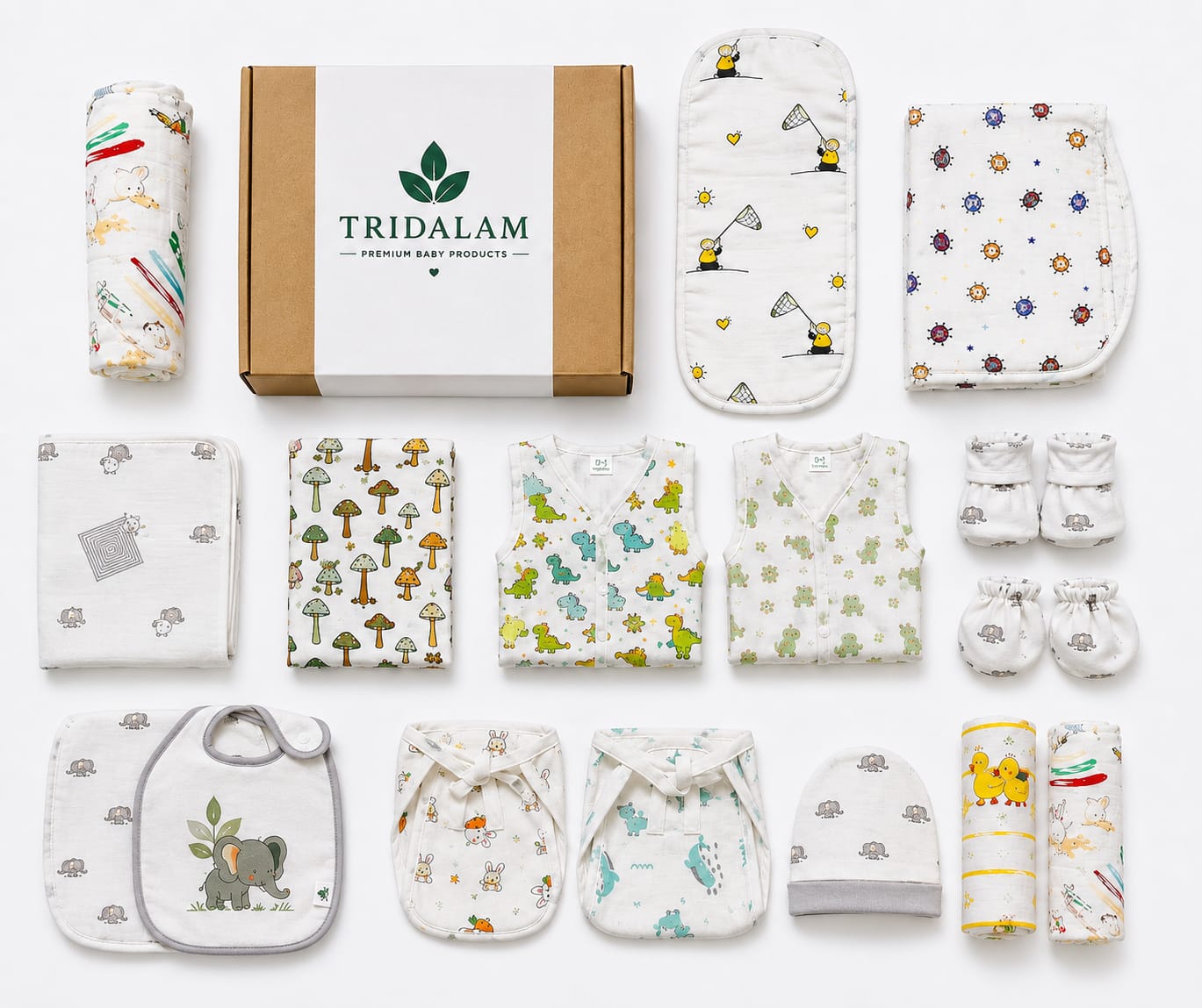 TRIDALAM Muslin Newborn Baby Hospital Combo Set | 2 Jhabla, 2 Nappy, Cap, Mittens, Booties, 2 Wash Cloth, 2 Burp Cloth, 2 Bib, Swaddle, Blanket & Towel | 0–3 Months | Assorted Prints