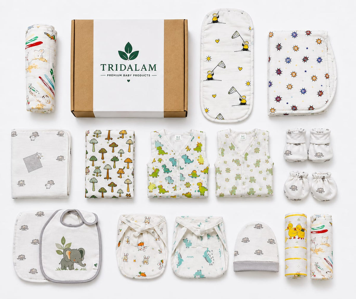 TRIDALAM Muslin Newborn Baby Hospital Combo Set | 2 Jhabla, 2 Nappy, Cap, Mittens, Booties, 2 Wash Cloth, 2 Burp Cloth, 2 Bib, Swaddle, Blanket & Towel | 0–3 Months | Assorted Prints