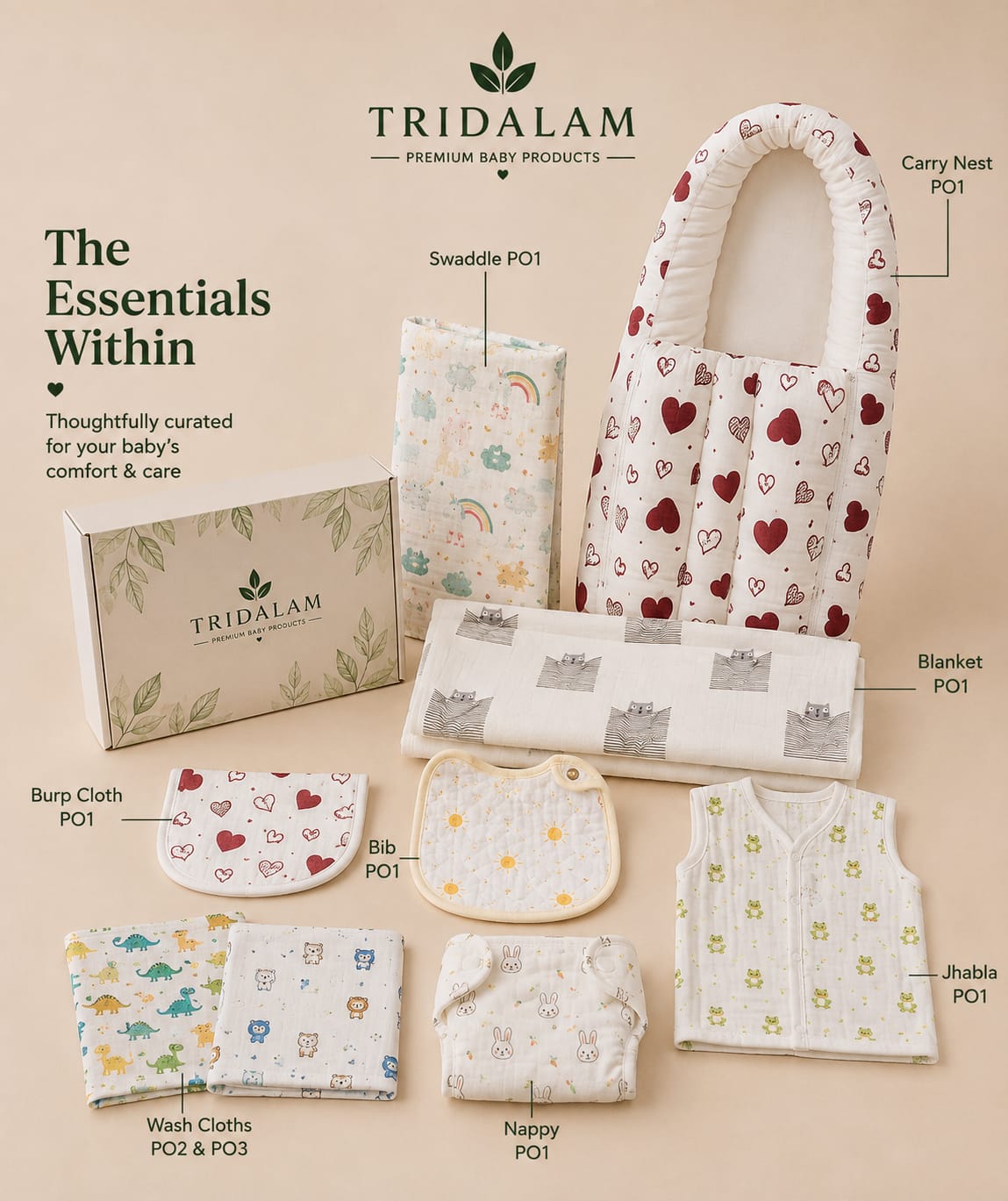 TRIDALAM Newborn Baby Hospital Combo Set | Muslin Nappy, Bath Towel, Burp Cloth, Jhabla, Swaddle Blanket & Carry Nest | 0–3 Months Baby Essentials | Assorted Prints | Complete Newborn Gift Set