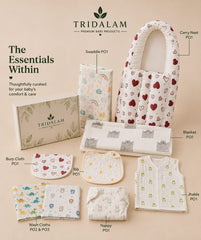 TRIDALAM Newborn Baby Hospital Combo Set | Muslin Nappy, Bath Towel, Burp Cloth, Jhabla, Swaddle Blanket & Carry Nest | 0–3 Months Baby Essentials | Assorted Prints | Complete Newborn Gift Set