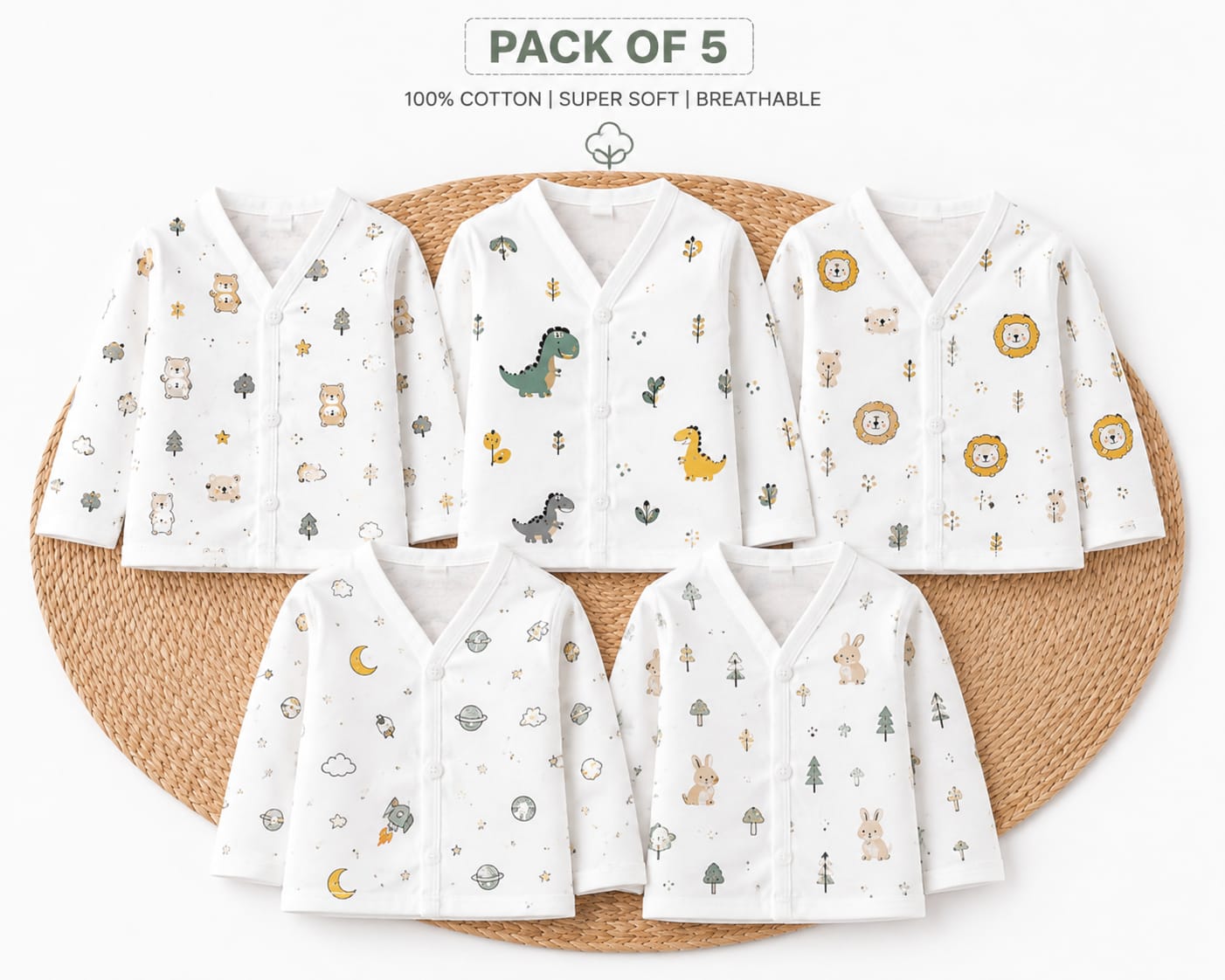 TRIDALAM Muslin Jhabla Set for Newborn Baby | Soft & Gentle Baby Jhabla | 0–3 Months | Assorted Designs & Prints | Lightweight Muslin Fabric | Pack of 5