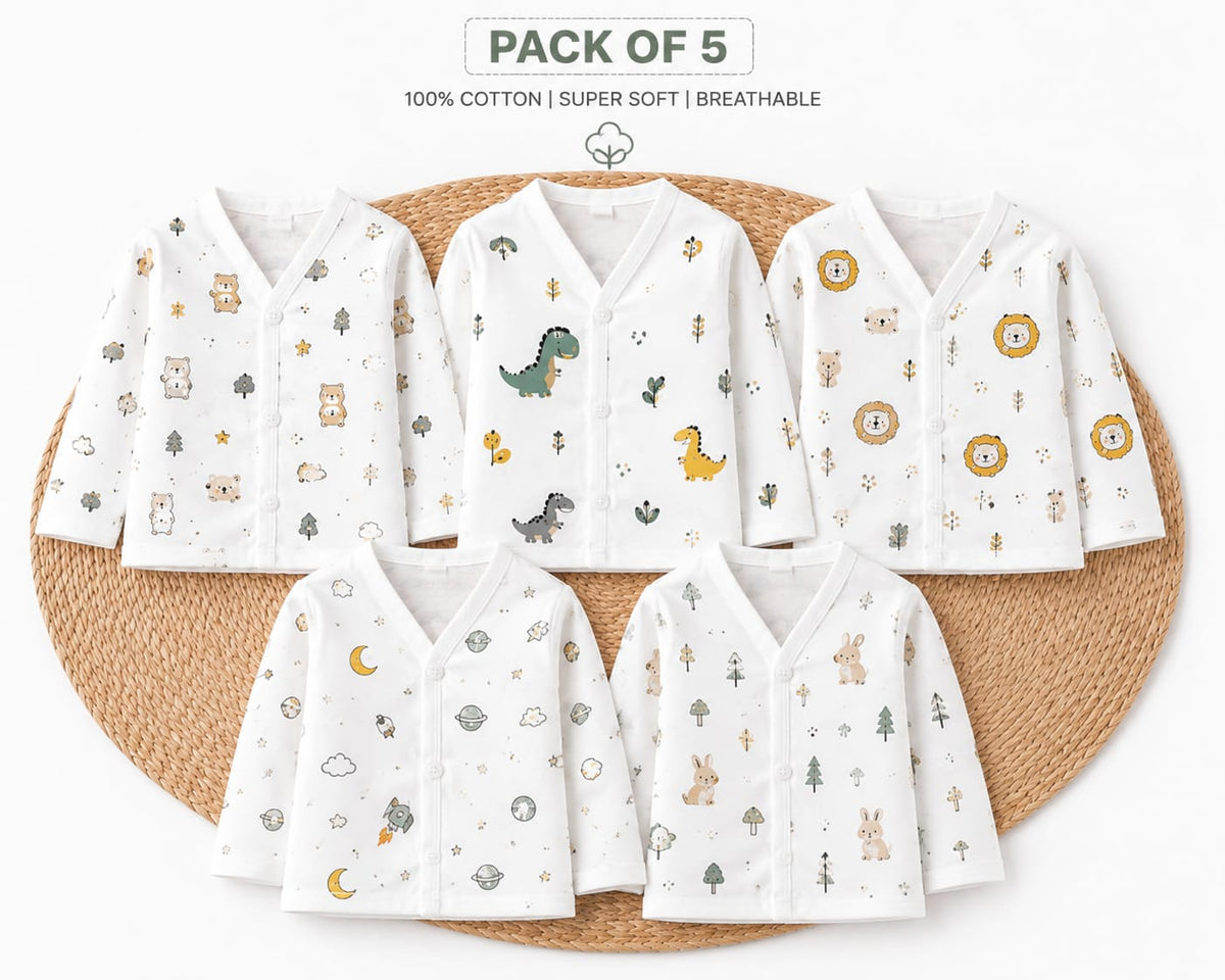 TRIDALAM Muslin Jhabla Set for Newborn Baby | Soft & Gentle Baby Jhabla | 0–3 Months | Assorted Designs & Prints | Lightweight Muslin Fabric | Pack of 5