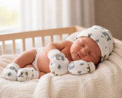 TRIDALAM Premium Muslin Baby Cap, Booties & Mittens Set | Soft, Breathable Newborn Essentials | Assorted Prints