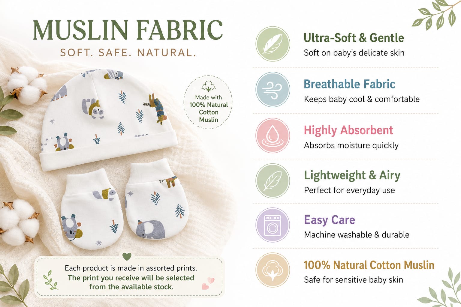 TRIDALAM Premium Muslin Baby Cap, Booties & Mittens Set | Soft, Breathable Newborn Essentials | Assorted Prints