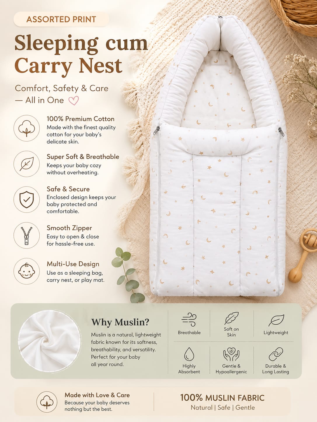TRIDALAM Newborn Muslin Feeding Pillow | Soft Baby Nursing Support Cushion (0–3 Months) | Breathable Fabric | Assorted Prints