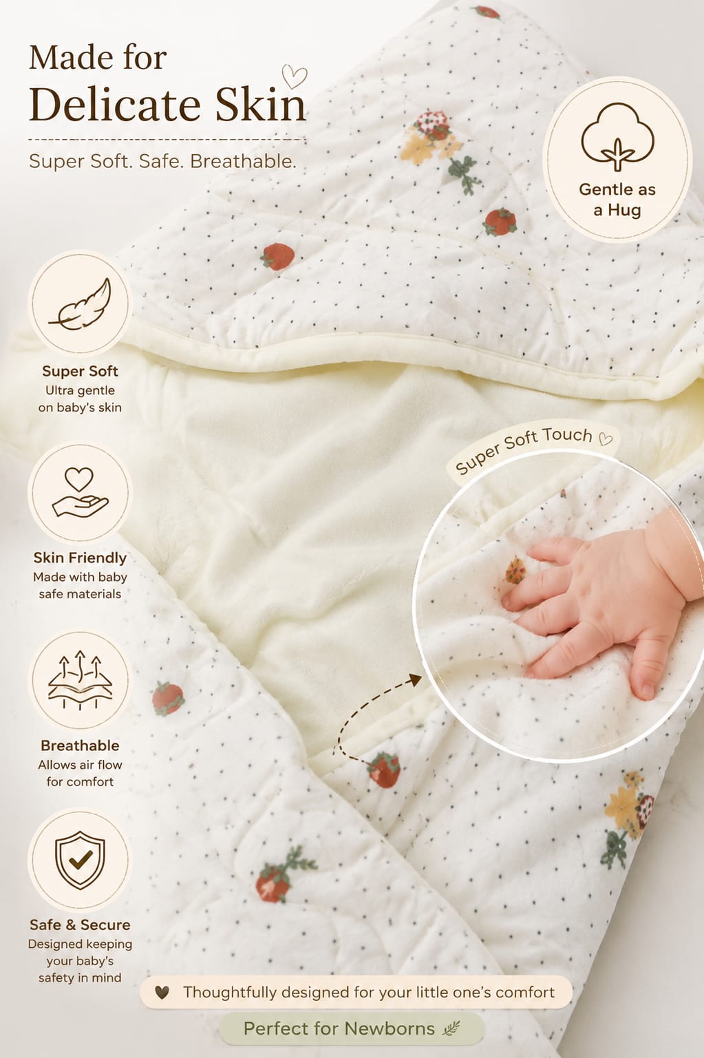 TRIDALAM Baby Super Soft Muslin Wrap for Newborn Baby | Premium Cotton Filled Baby Wrap | Gentle & Breathable Muslin Fabric | Pack of 1 | Assorted Design