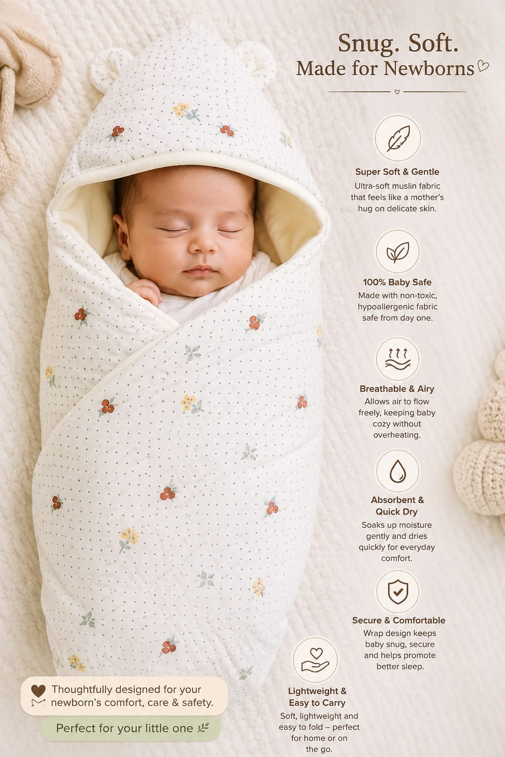 TRIDALAM Baby Super Soft Muslin Wrap for Newborn Baby | Premium Cotton Filled Baby Wrap | Gentle & Breathable Muslin Fabric | Pack of 1 | Assorted Design